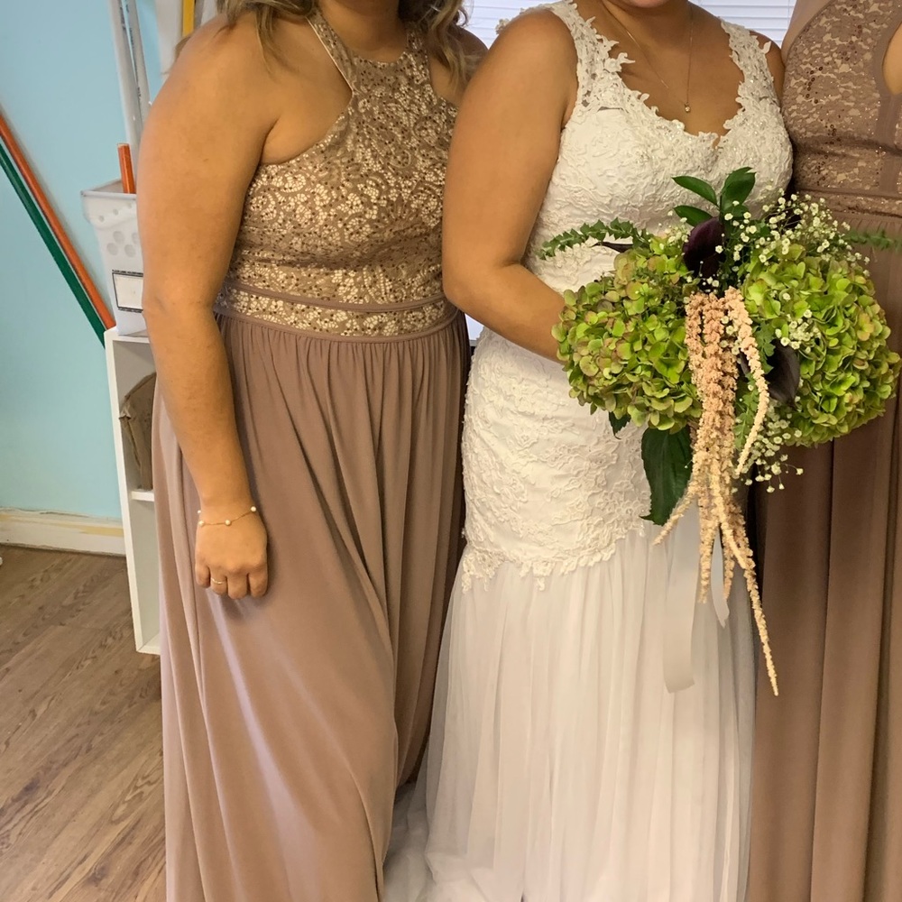 David's Bridal Lace and Chiffon Dress in Cream and Brown